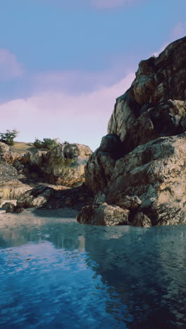 serene coastal landscape with rocky formations under a bright sky