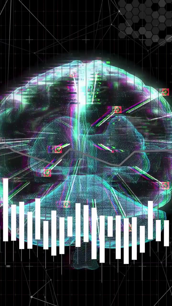 Starting playback rotating 3D brain hologram in HUD showing neural activity, magenta nodes pulsing