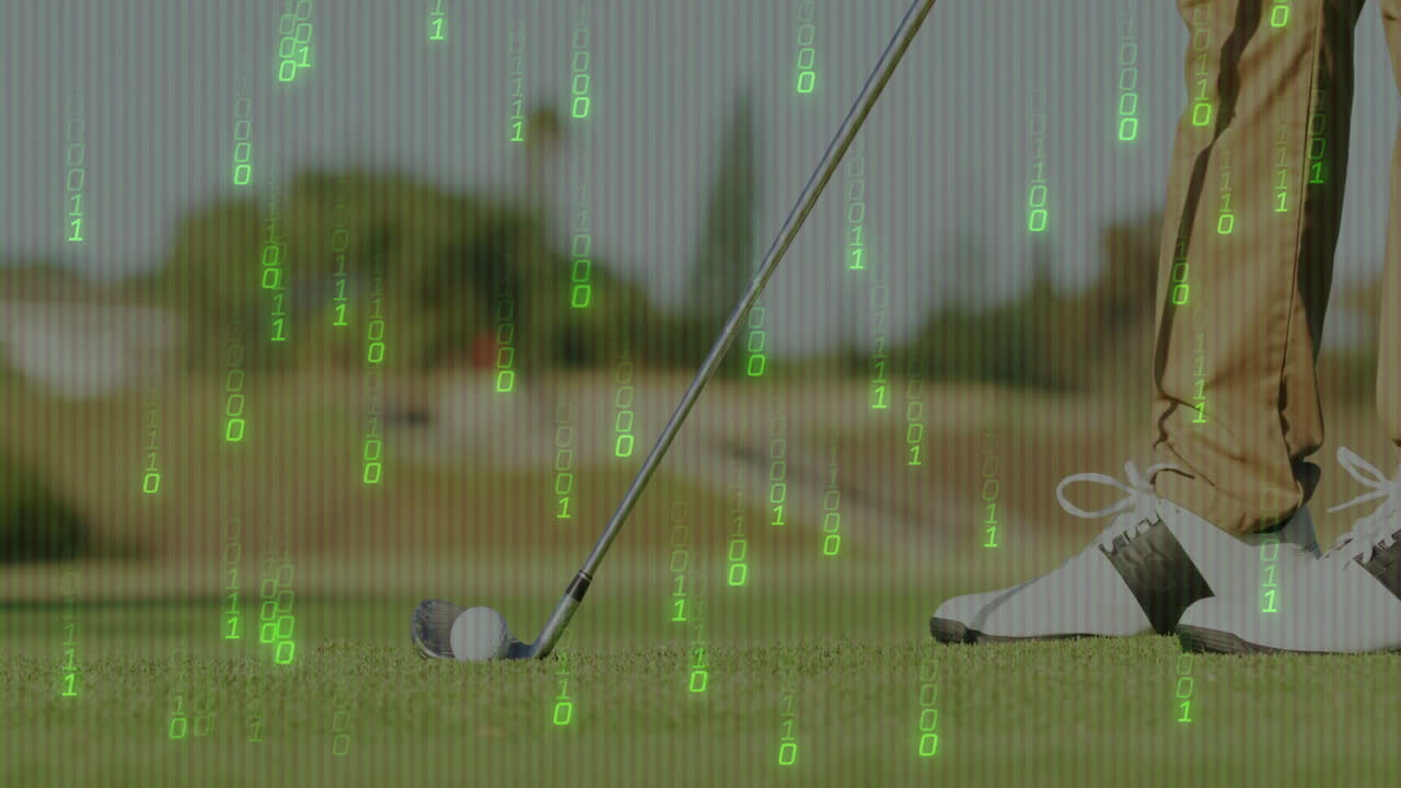 Golfer positioning iron club behind ball on turf, overlay showing binary code in sports technology