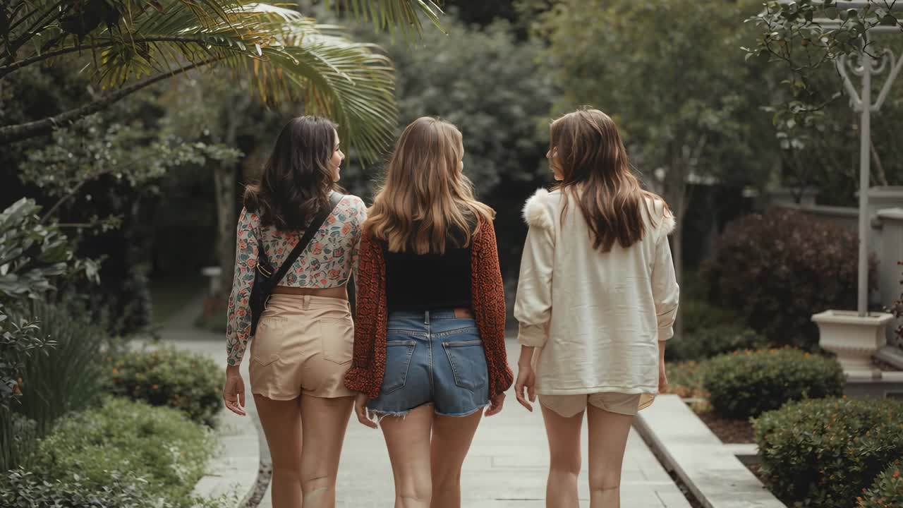 Seguimiento de tres amigas charlando, caminando por un sendero junto a palmeras, con cárdigan y bolso cruzado negro