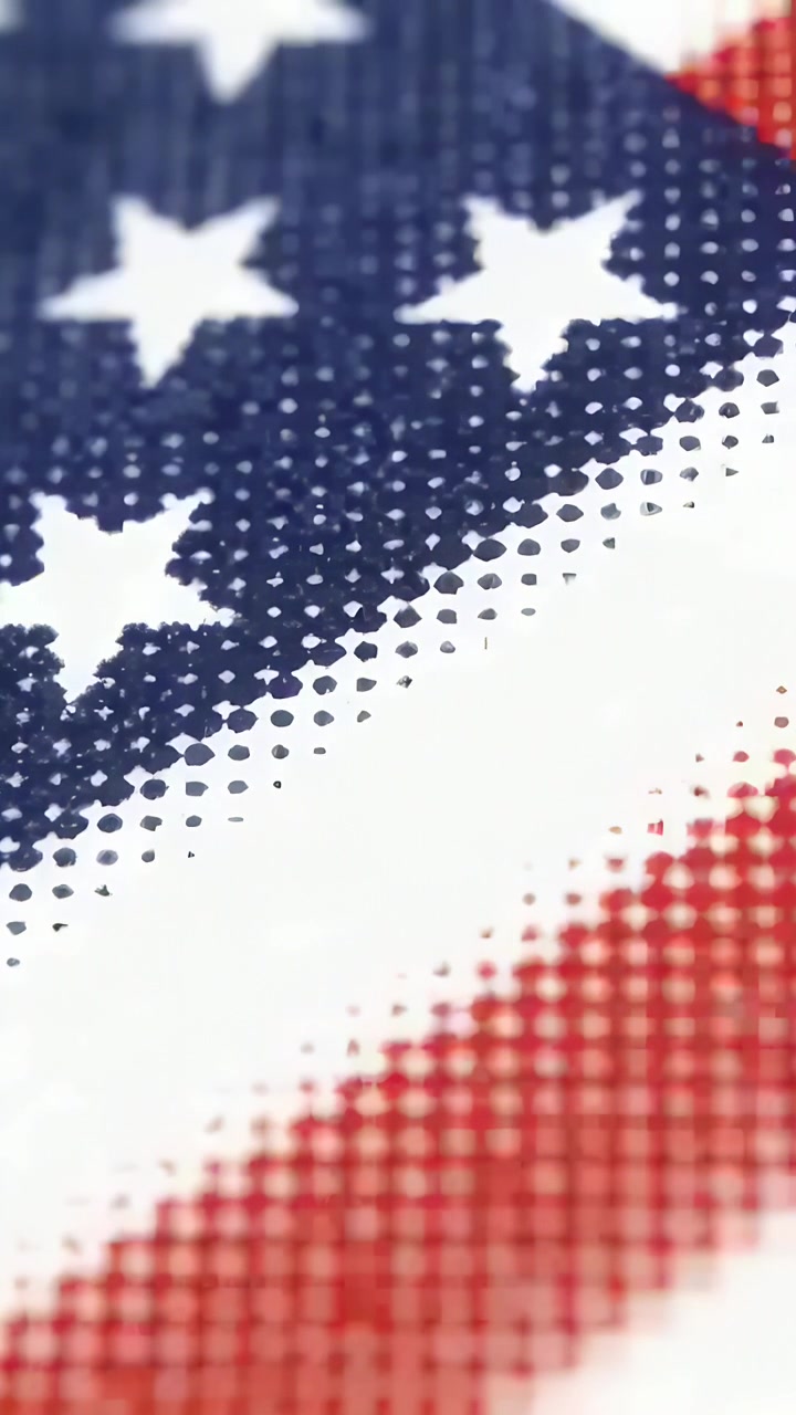 Vertical video: Shifting camera revealing halftone US flag motif in macro to show dot texture