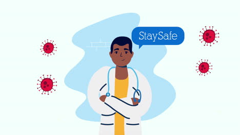 afro doctor with covid19 particles character