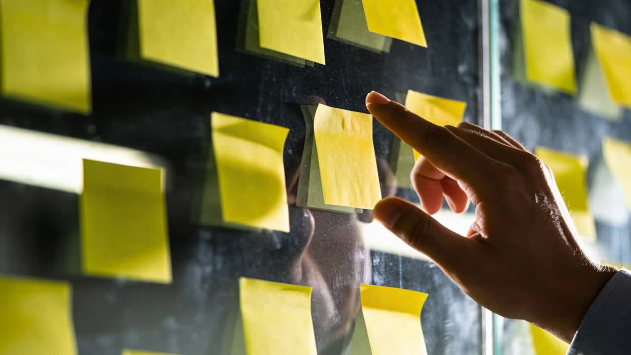Approaching sleeved hand pinching post-its on glass wall at office to adjust layout, copy space