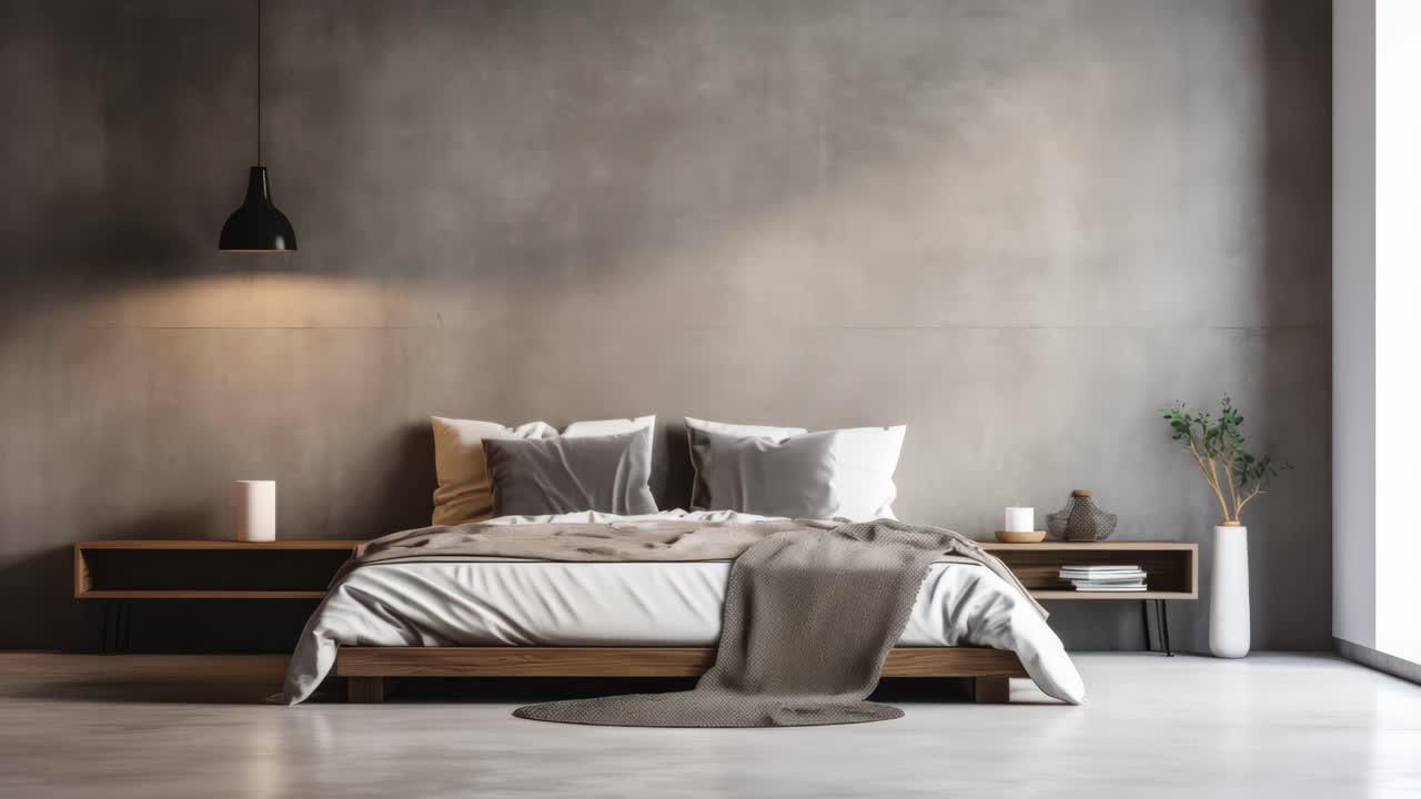 Camera da letto moderna con arredamento minimalista, ripresa dal basso.