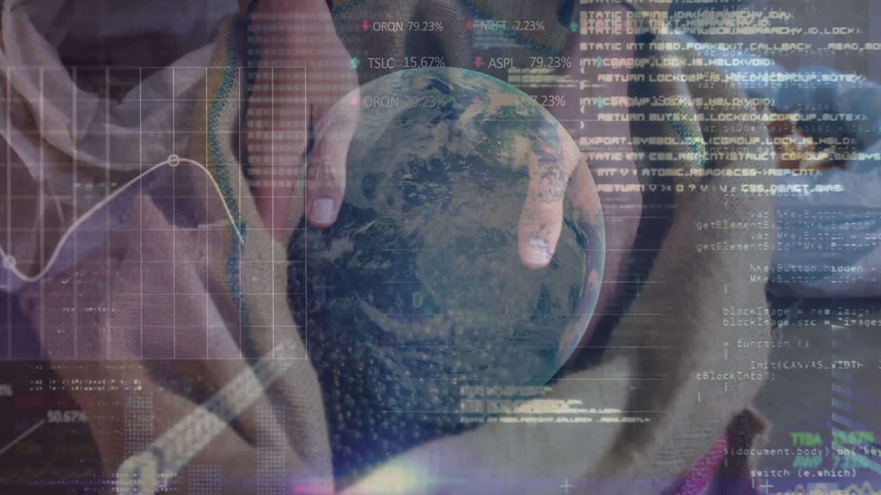 animación del globo y procesamiento de datos sobre las manos de un trabajador agrícola que sostiene frijoles en saco
