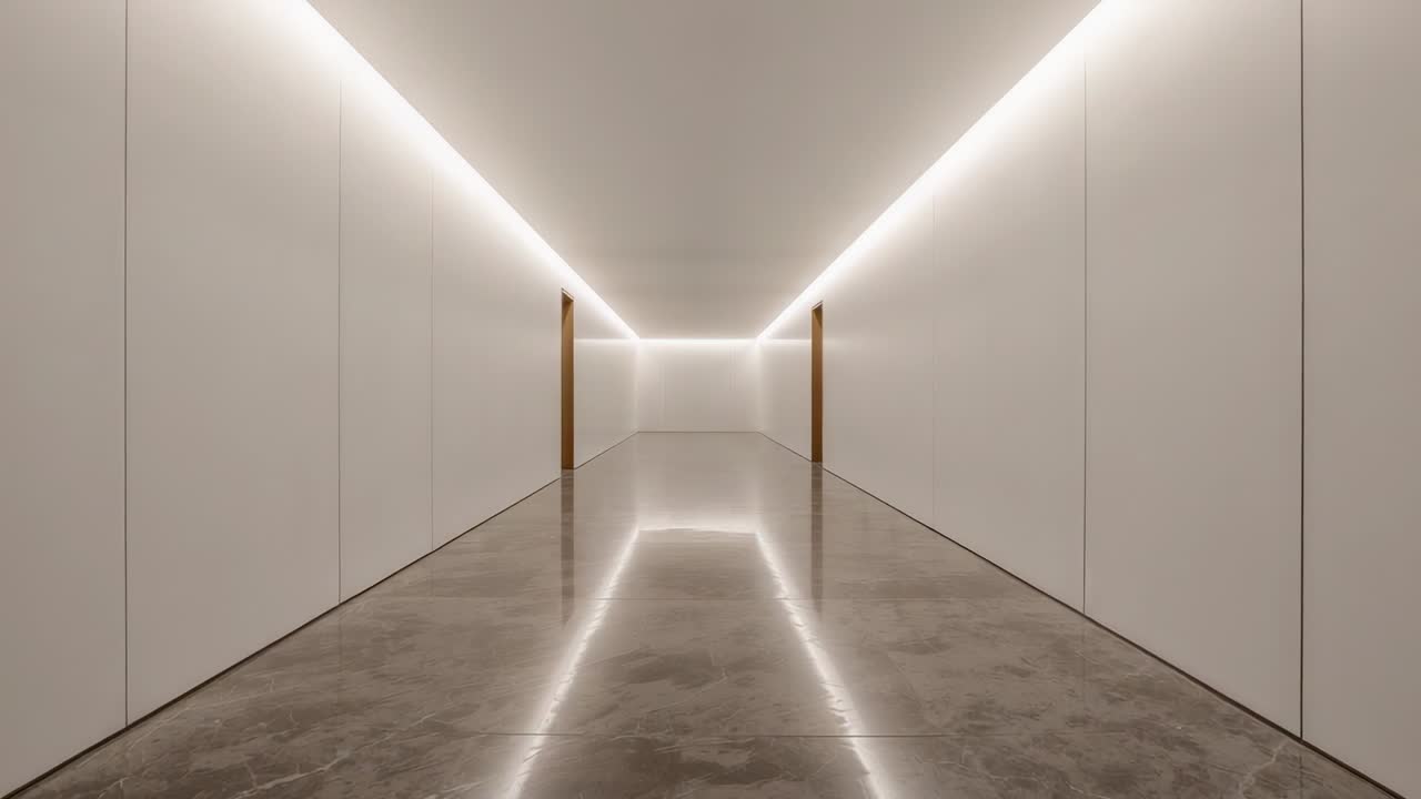 Camera in movimento che rivela un corridoio all'interno di un edificio con LED incassati che riflettono il pavimento, mostrando la profondità