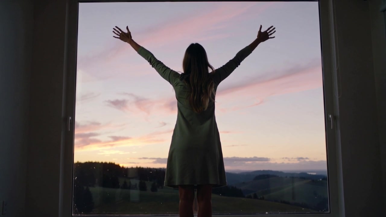Mujer con cabello largo inspirada por el atardecer, levantando los brazos ampliamente en una ventana alta, descalza con vestido verde.