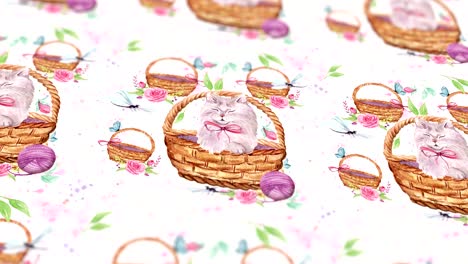 abstract background with hand drawn watercolor cats and flowers. seamless looping 4k footage.