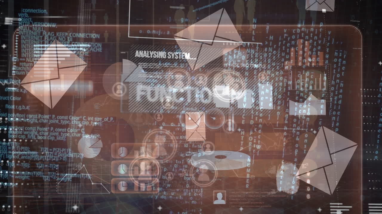 Animation of icons and data processing over server room