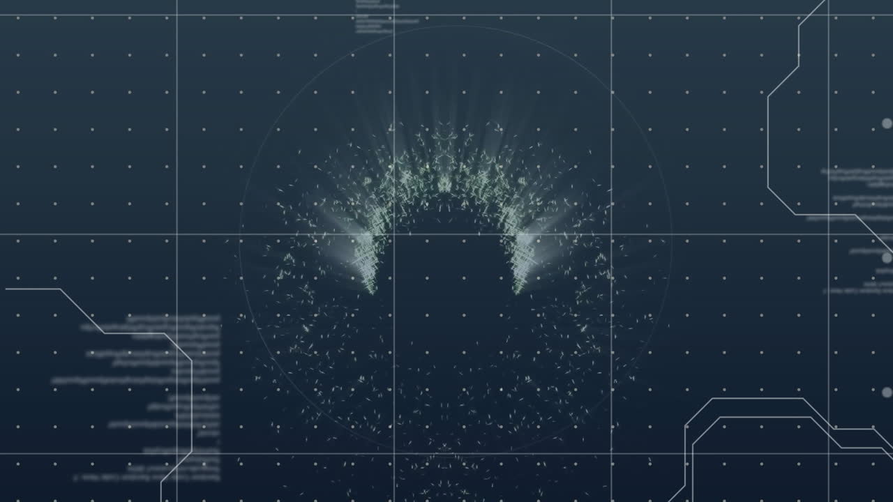 Animation of digital data processing over dark background