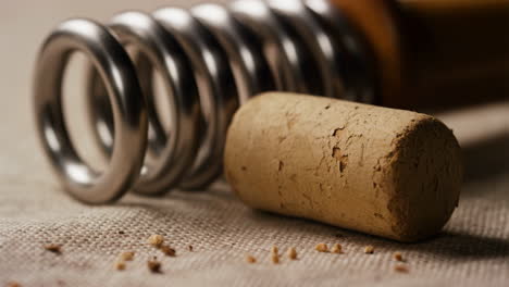 close-up of a wine cork and corkscrew on fabric