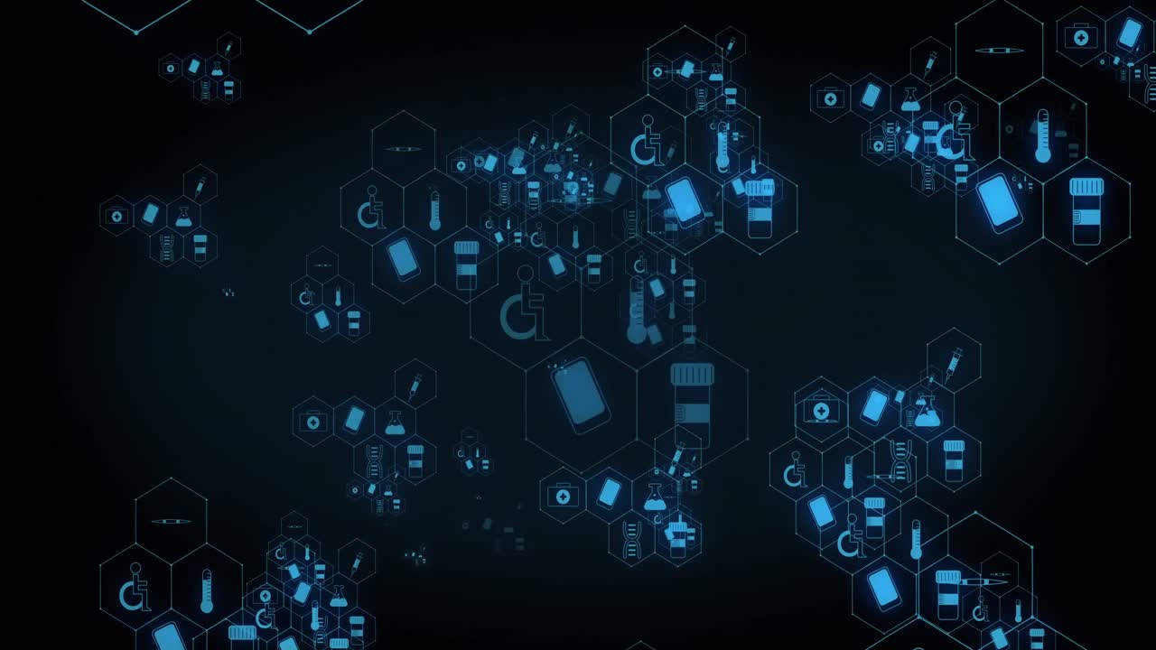 animación de redes de iconos médicos y de comunicación azules que se mueven sobre un fondo negro