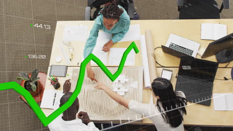 animation of graph and changing numbers over diverse architects discussing on 3d model of buildings