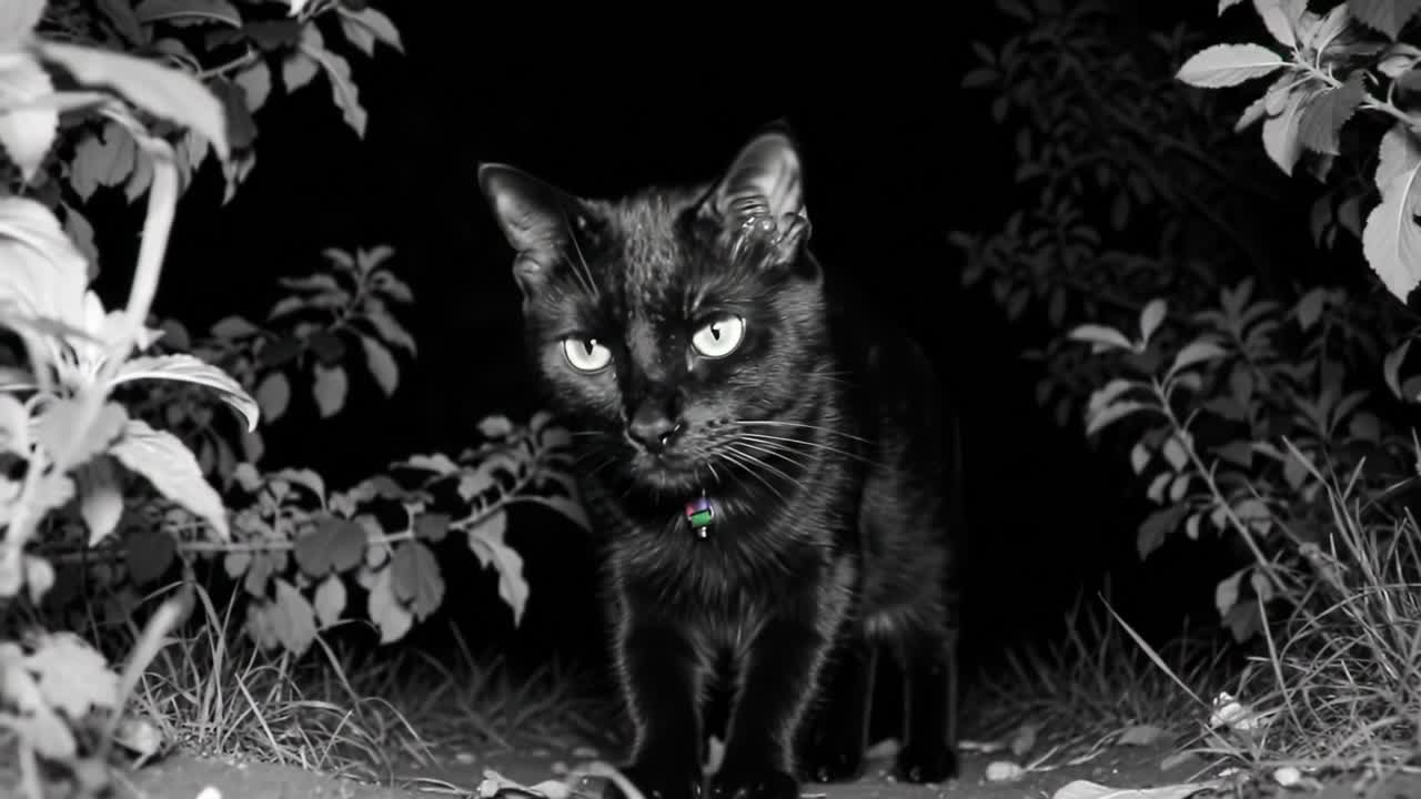 Mysterious Black Cat Emerging from Dark Hideaway with Glowing Eyes, Captivating Intrigue of the Night in Stunning Black and White Imagery