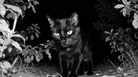 mysterious black cat emerging from dark hideaway with glowing eyes, captivating intrigue of the night in stunning black and white imagery