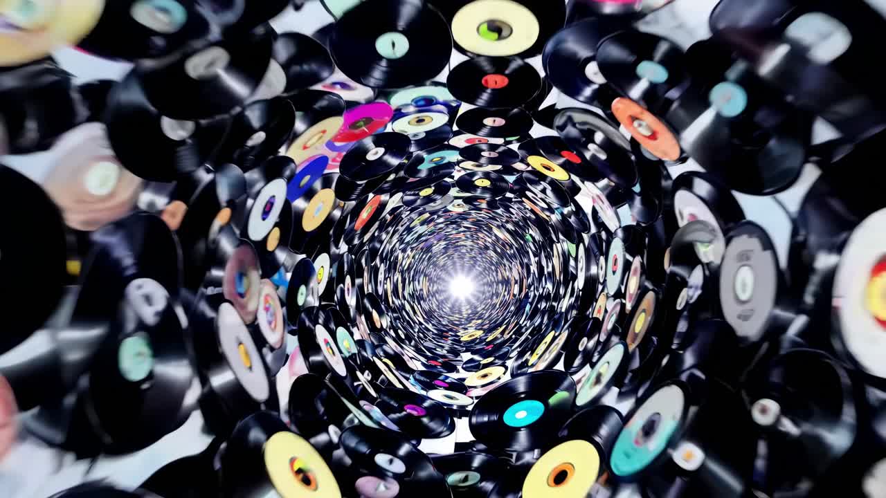 Many colorful spinning vinyl records are forming a tunnel with bright light at the end, creating a mesmerizing visual effect related to music, nostalgia, and vintage audio technology