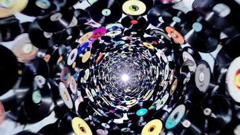 many colorful spinning vinyl records are forming a tunnel with bright light at the end, creating a mesmerizing visual effect related to music, nostalgia, and vintage audio technology