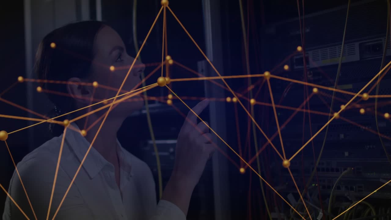 Network engineer tapping virtual network nodes in data center, analyzing connections for monitoring