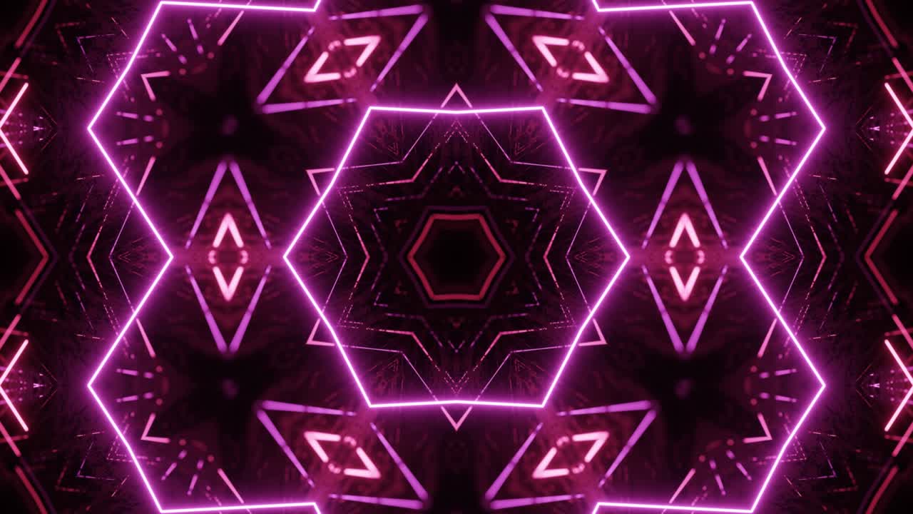 Simmetria stellare. Linee luminose astratte. Sfondo caleidoscopico per Vj loop di motion design. Costruzione caleidoscopica luminosa simmetrica 3D per grafica in movimento astratta. Vj per night club. Sfondo fantascientifico.