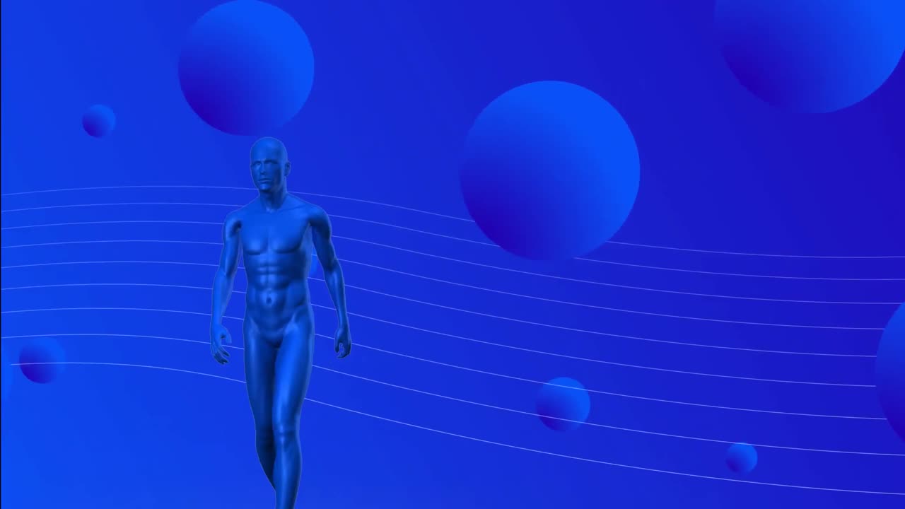 modelo humano metálico azul en 3d caminando sobre múltiples bolas azules