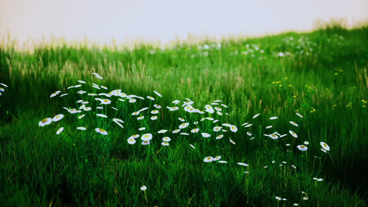Blooming white daisies sway gently in the lush green meadow under bright sun