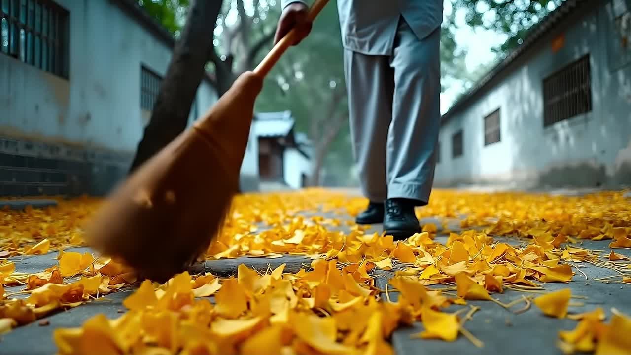 A person walking down a street with a broom in their hand