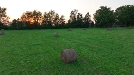 puesta de sol sobre un campo con balas de heno y árboles esparcidos
