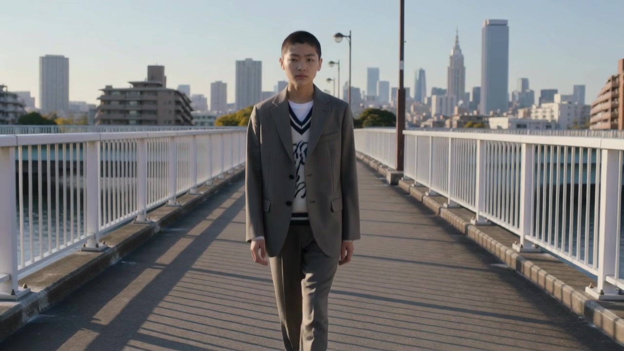 白い手すりのある橋の上で、グレーのスーツを着た男性がローアングルでカメラに近づきながら歩いており、モデルのようにポーズをとっている。