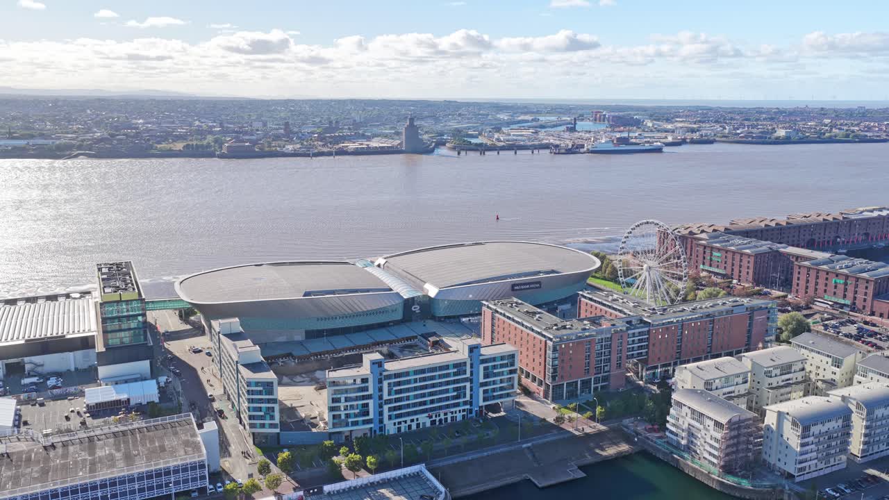 Aerial drone footage of the Liverpool waterfront area featuring the M and S Bank Arena, Liverpool Ferris Wheel, and surrounding attractions