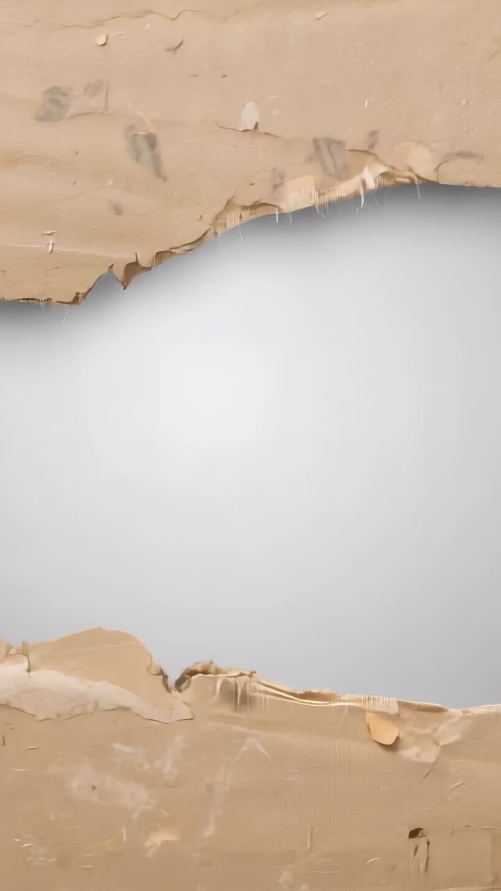 Lodret video: Skiftende revet brunt papir hen over billeder for at afsløre en grå baggrund med fibre og rester.