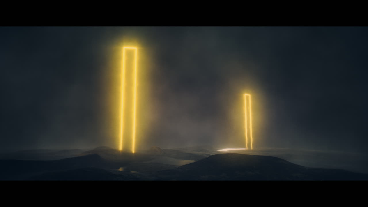 Rocky landscape with huge yellow light portal structures