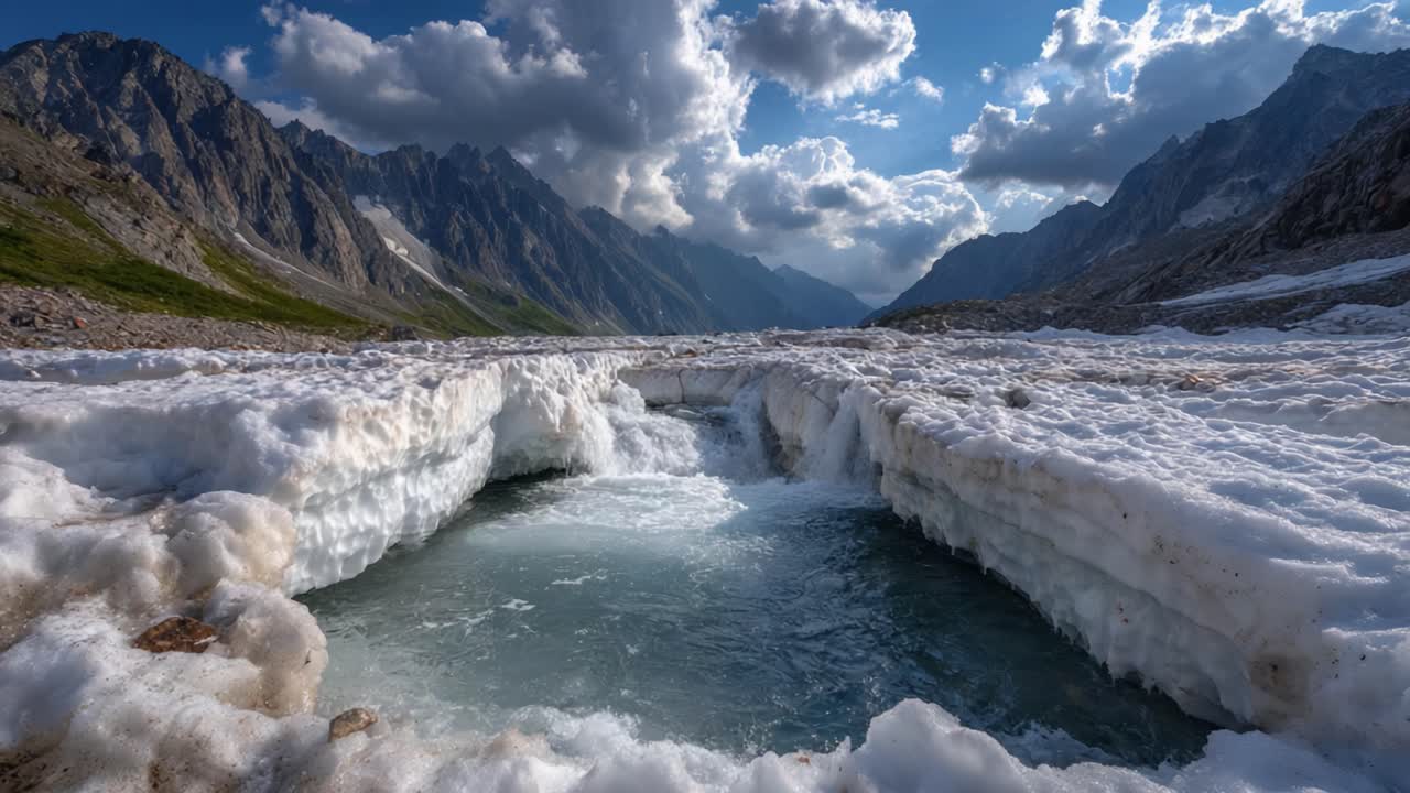 Majestic Mountain Landscape with Glacial Pool and Dramatic Sky: A Serene View of a Frozen Wilderness Reflecting Nature's Beauty and Tranquility