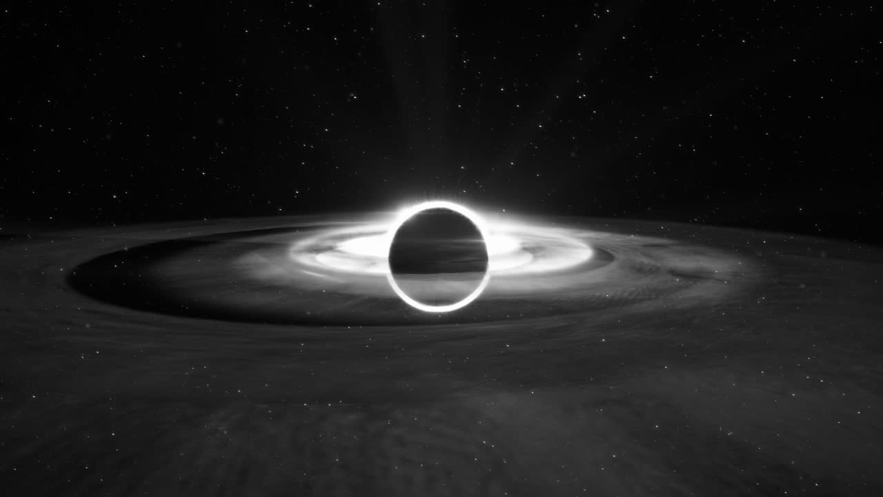 animación en blanco y negro de un agujero negro supermasivo en el espacio exterior