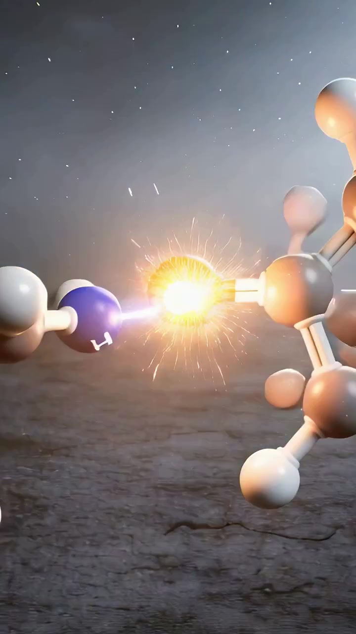 Video verticale: Frammenti molecolari che si uniscono formando un legame luminoso su un terreno scuro etichettato H C Q O.