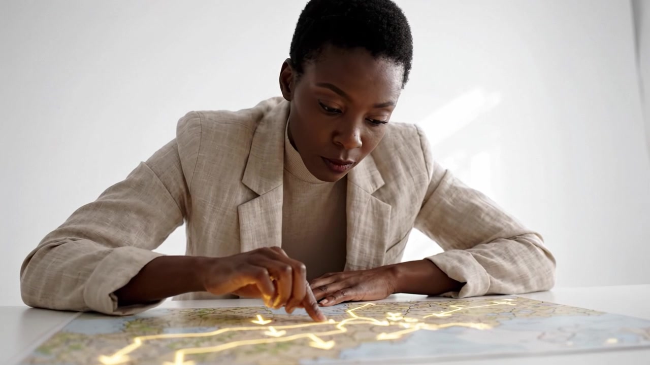 Focused Analysis of a Map: A Person Studying Routes and Locations with Intent in a Bright, Minimalist Setting for Planning and Exploration Purposes