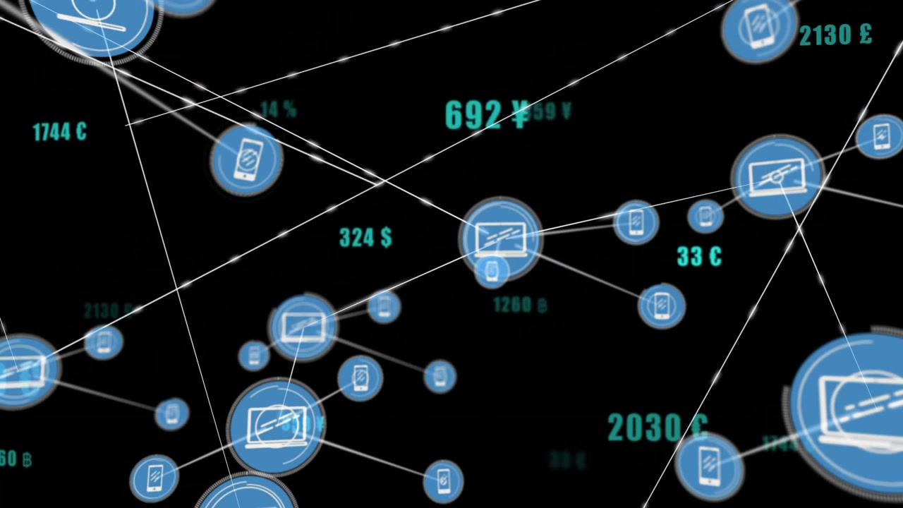 Network nodes glowing connecting laptop and phone icons on black backdrop showing currency labels