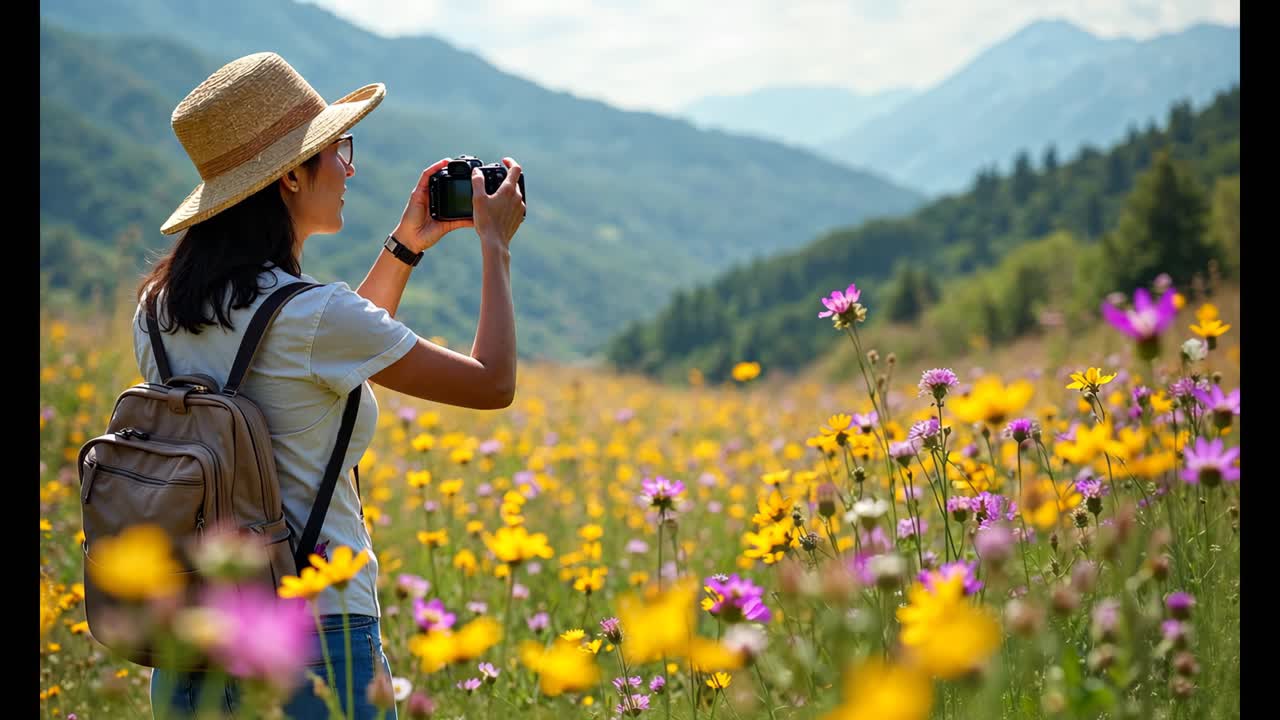 mujer tomando una foto en un campo de flores