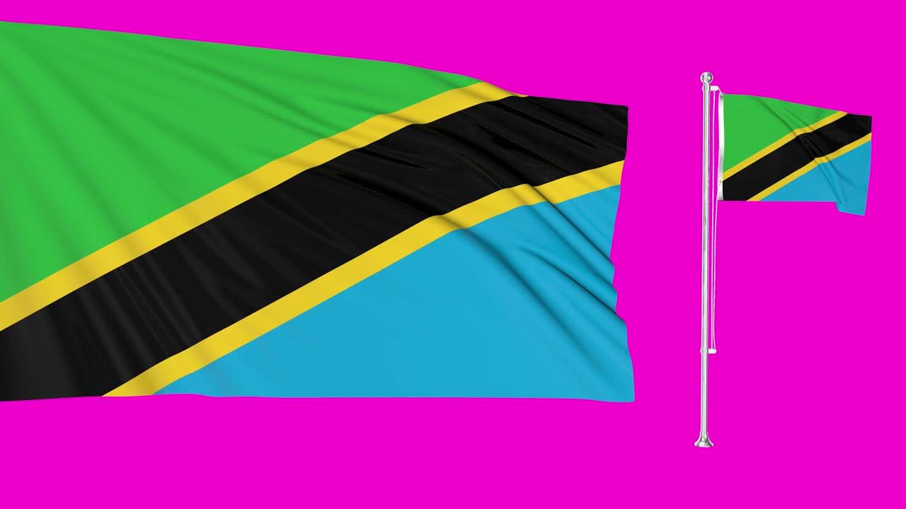 pantalla verde tanzania dos banderas agitando el mástil de la bandera tanzana animación en 3d clave de croma