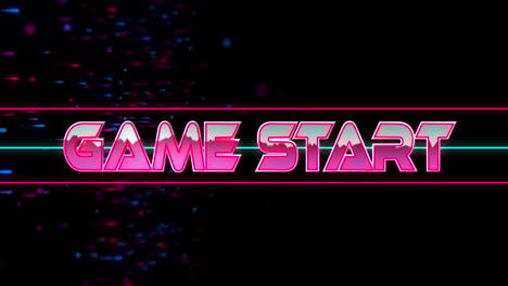 animation of glitch effect over game start text against blue and red spots on black background