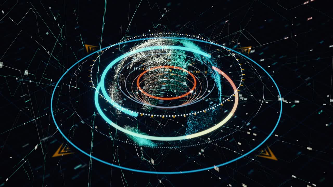 액션에서 목표와 함께 추상적인 레이더, 추상적인 미래 컴퓨터 시스템, 애니메이션, 다채로운 검색 온라인 프로그램, 군사력 및 감시 개념