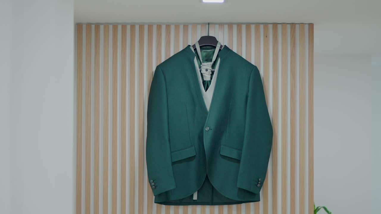 Green formal jacket and shirt hung on a wooden hanger indoors
