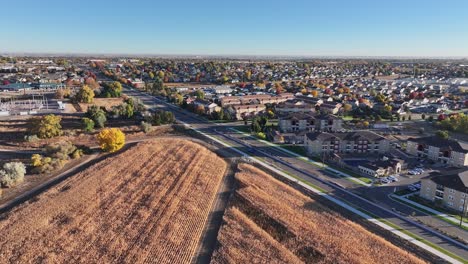 Greeley-Colorado-establishing-shot-full-fall-colors-with-autumn-field-of-sillage-in-foreground