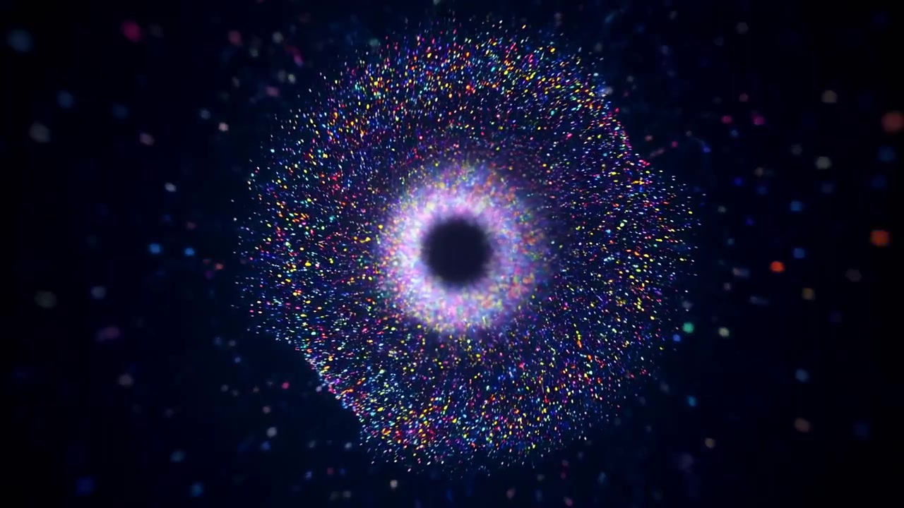Vuoto circolare scuro centrato circondato da un denso anello di particelle multicolori luminose, che crea un contrasto cosmico astratto, un bagliore tenue, un equilibrio radiale e una profondità vivida su uno sfondo blu notte intenso