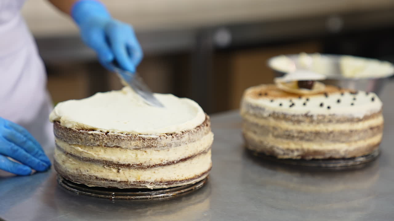 Confectioner spreads thick whipped cream over the top of the cake with spatula. Sweet desserts production at the food factory. Close up.