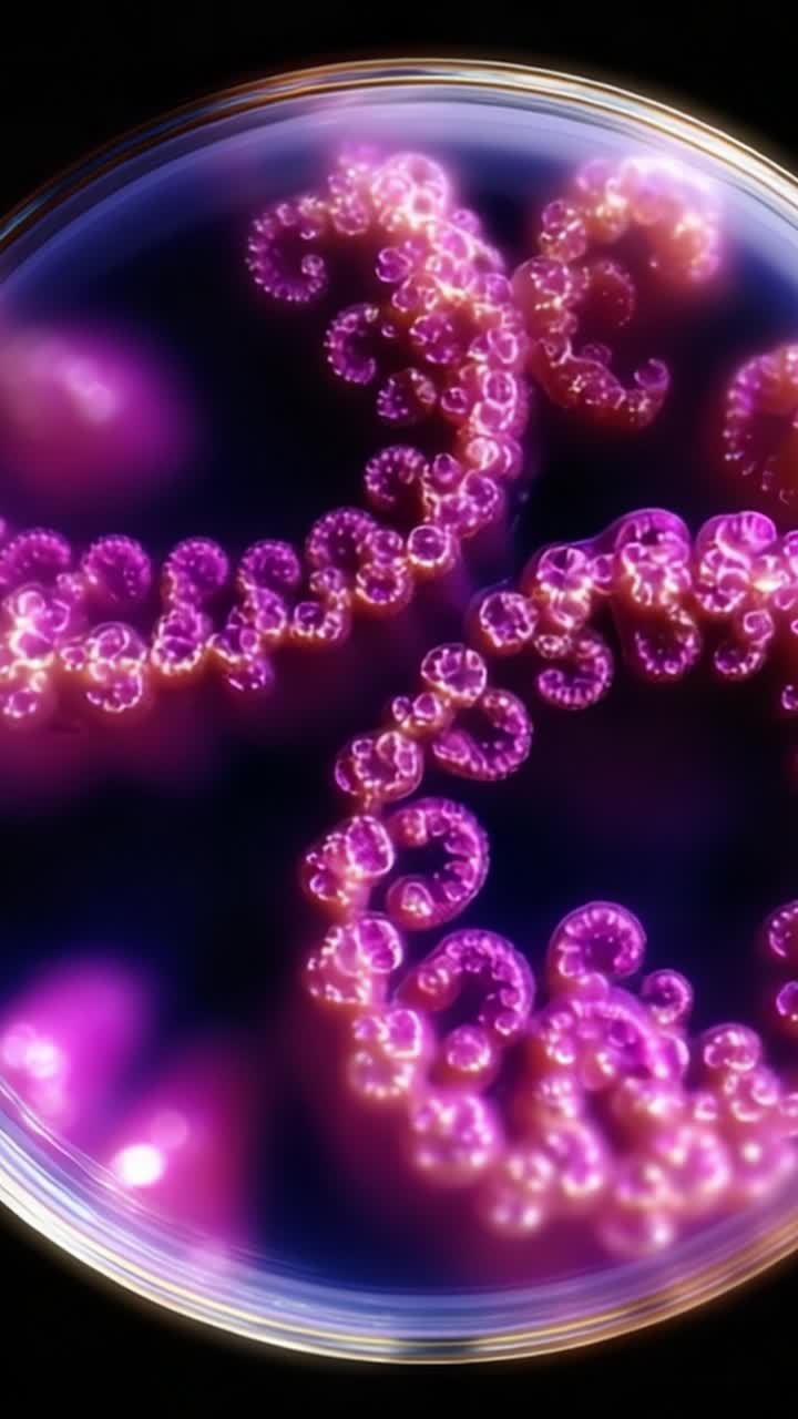 Vista Microscopica di Tentacoli Viola Vibranti con Bolle Scintillanti su uno Sfondo Scuro, Rappresentando Forme di Vita Marina e le Loro Strutture Intricate.