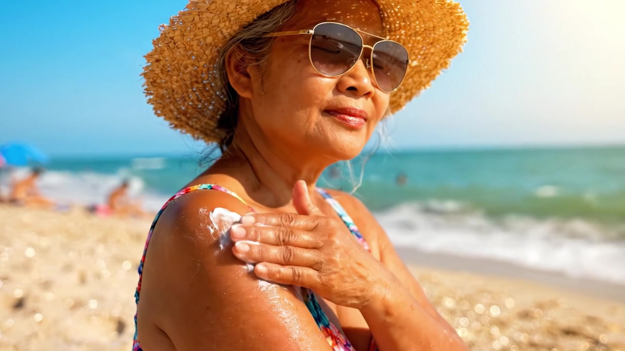Una donna che si gode una giornata di sole in spiaggia applica la crema solare per proteggere la sua pelle, mentre indossa occhiali da sole alla moda e un cappello a tesa larga, incarnando il relax estivo.