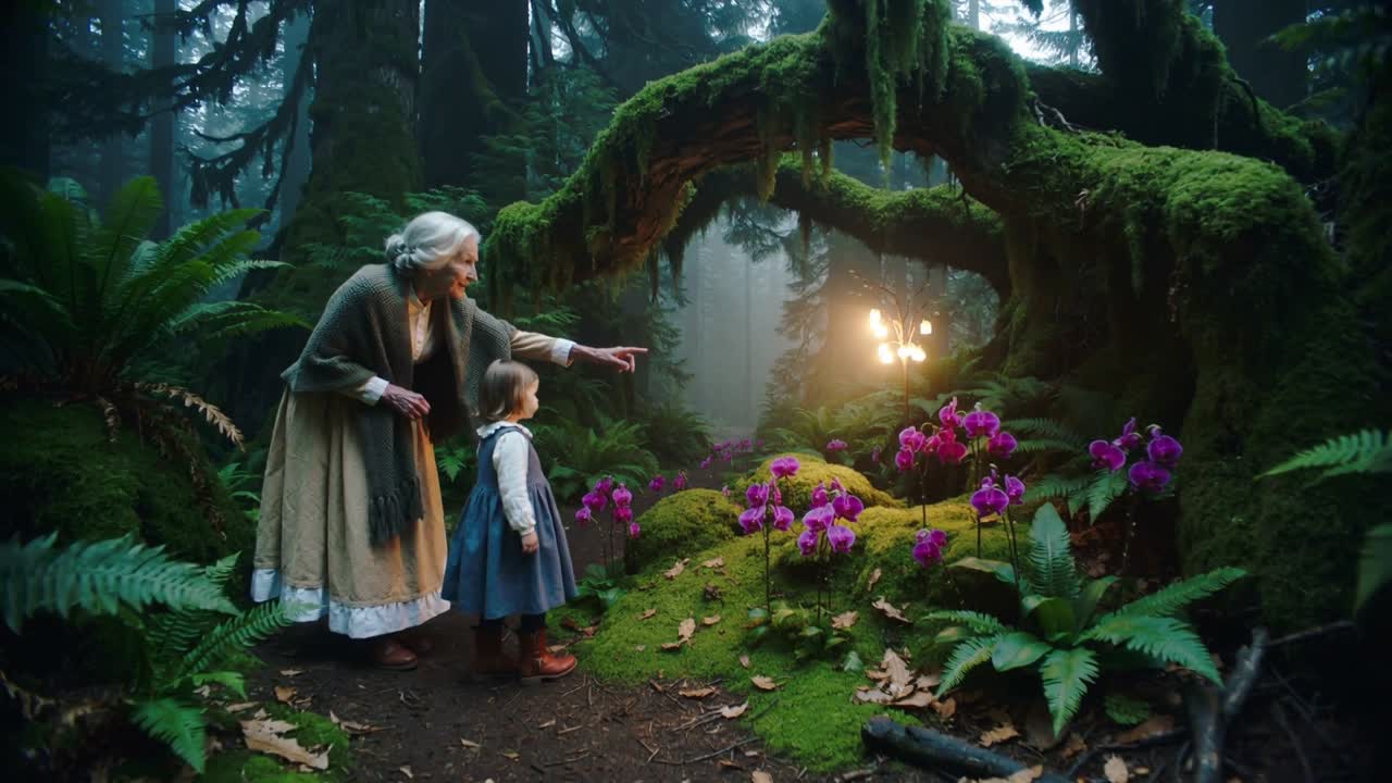 Oppdager magentafargede blomster bortenfor mosegrodd bue, bestemor lener seg, peker og veileder barn i sjal, med plass til tekst.