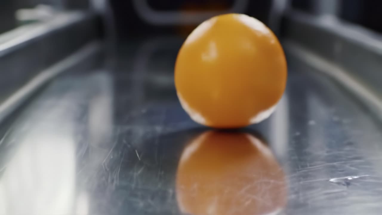 Orange Rolls Along a Shiny Conveyor Belt in a Bustling Produce Section at the Grocery Store