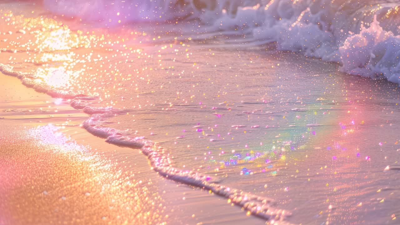 A serene beach scene at sunset with pastel hues, captured from a low angle