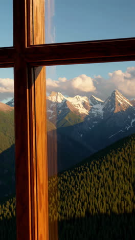 mountain view through a wooden window